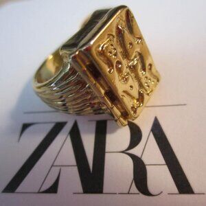 ZARA RING Gold tone BOOK Antique Ancient Golden Symbols faux hinges size 6